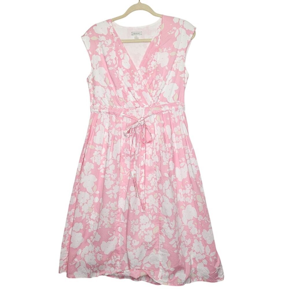 Garnet Hill Pink White Floral Sleeveless Midi Dress Lined Tie Waist 4 Cotton
